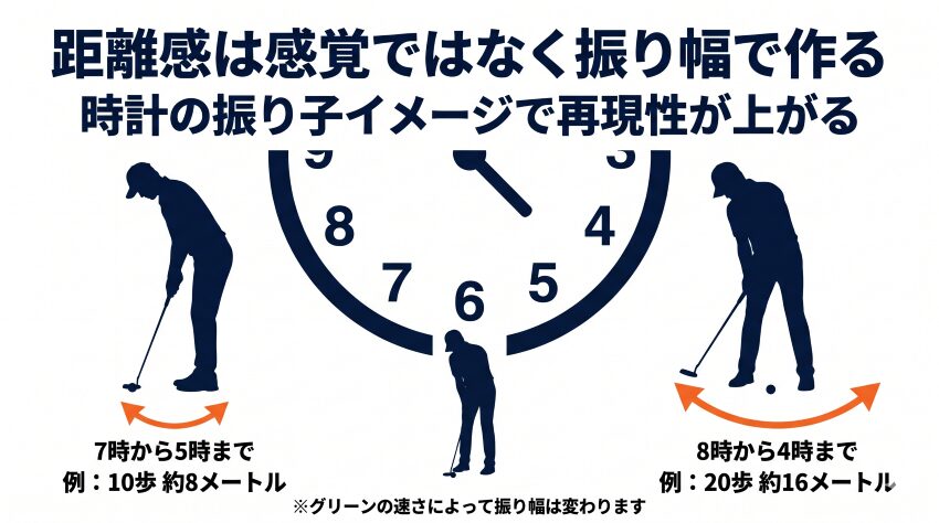 パターの振り幅と距離の関係図｜時計の振り子イメージで距離感を作る