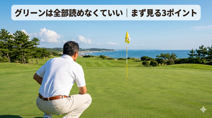 グリーンを読む60代ゴルファー｜ゴルフコースのグレーンで傾斜を確認