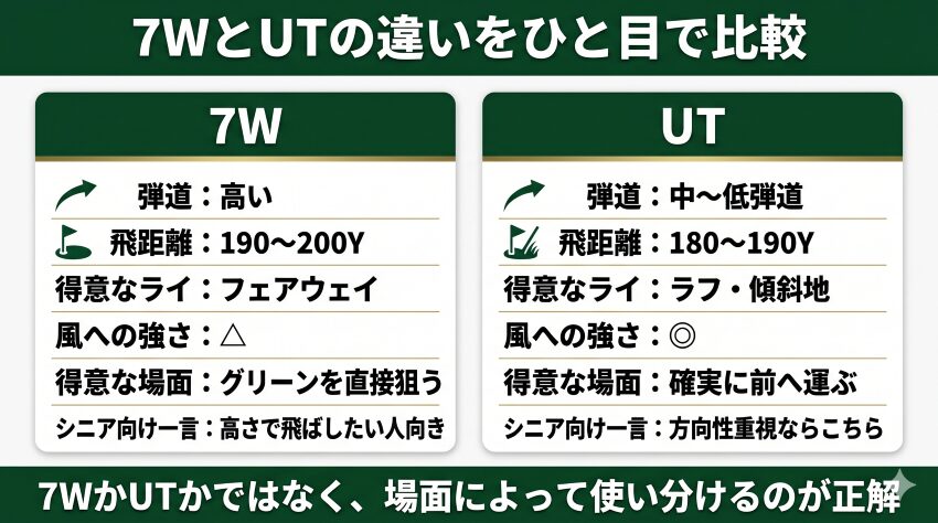 7WとUTの違いを比較した図。飛距離、弾道、得意なライ、風への強さ、使い分けの目安を一覧で紹介