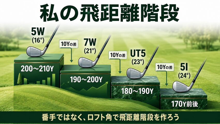 50代・60代ゴルファー向けの飛距離階段図。5W・7W・UT5・5番アイアンのロフト角と飛距離の違いを比較