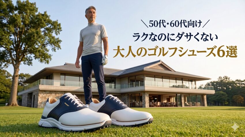 ゴルフ場のクラブハウスを背景に、おしゃれなゴルフシューズを前景にした50代・60代向けのイメージ