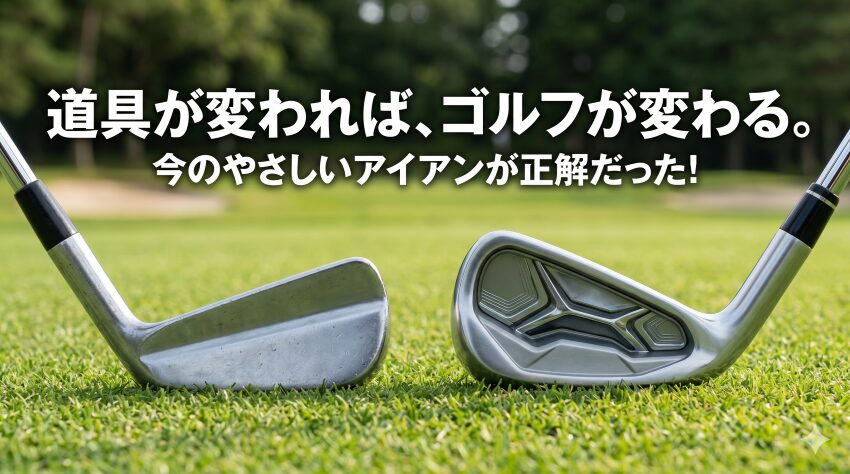 芝の上に置かれた2本のアイアンヘッドの対比。左側は1990年代の細いブレード系アイアン、右側は現代の大型キャビティバックアイアン。新旧アイアンの設計の違いを視覚的に表現。