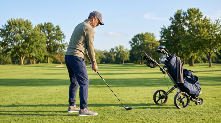 手引きカートのそばでフェアウェイウッドを構える50代・60代男性ゴルファー