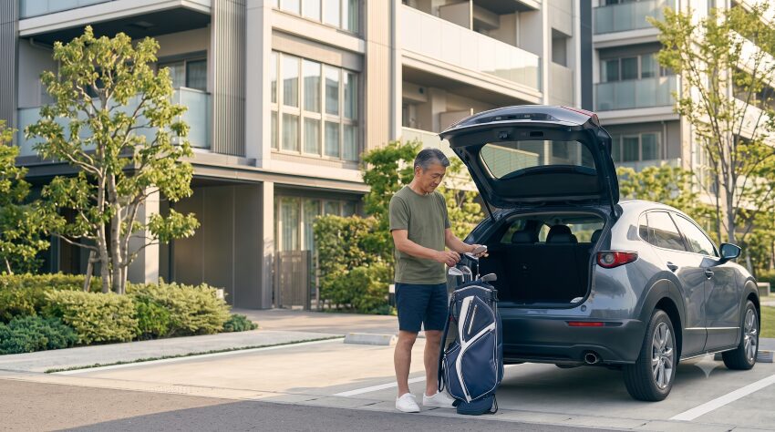 車のトランクでゴルフバッグの中身を確認する50代・60代男性