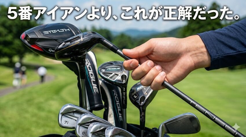 キャディバッグからユーティリティクラブを選び取る手元のアップ。ドライバー・フェアウェイウッド・アイアンが入ったバッグから、UTを取り出すシーン。青空と緑のフェアウェイが広がる夏のゴルフコース。