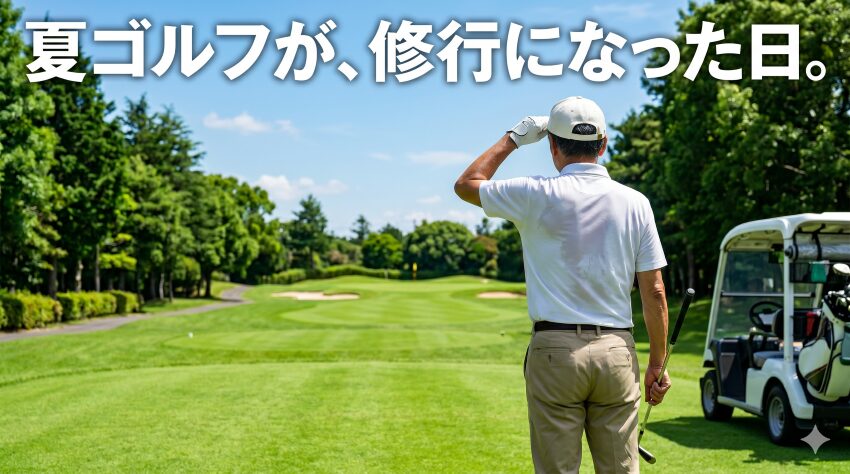 炎天下のゴルフコースでアイアンを持ち、遠くを見つめる60代男性ゴルファーの後ろ姿。青空と緑のフェアウェイが広がる夏の名門コース。