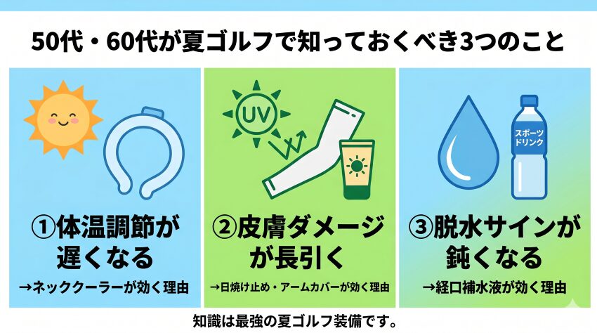 50代・60代が夏ゴルフで知っておくべき3つのこと。①体温調節が遅くなる→ネッククーラーが効く理由、②皮膚ダメージが長引く→日焼け止め・アームカバーが効く理由、③脱水サインが鈍くなる→経口補水液が効く理由。