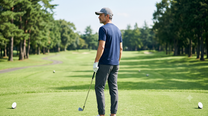 50代ゴルファーがPar3のティーグラウンドでアイアンを手に佇む後ろ姿
